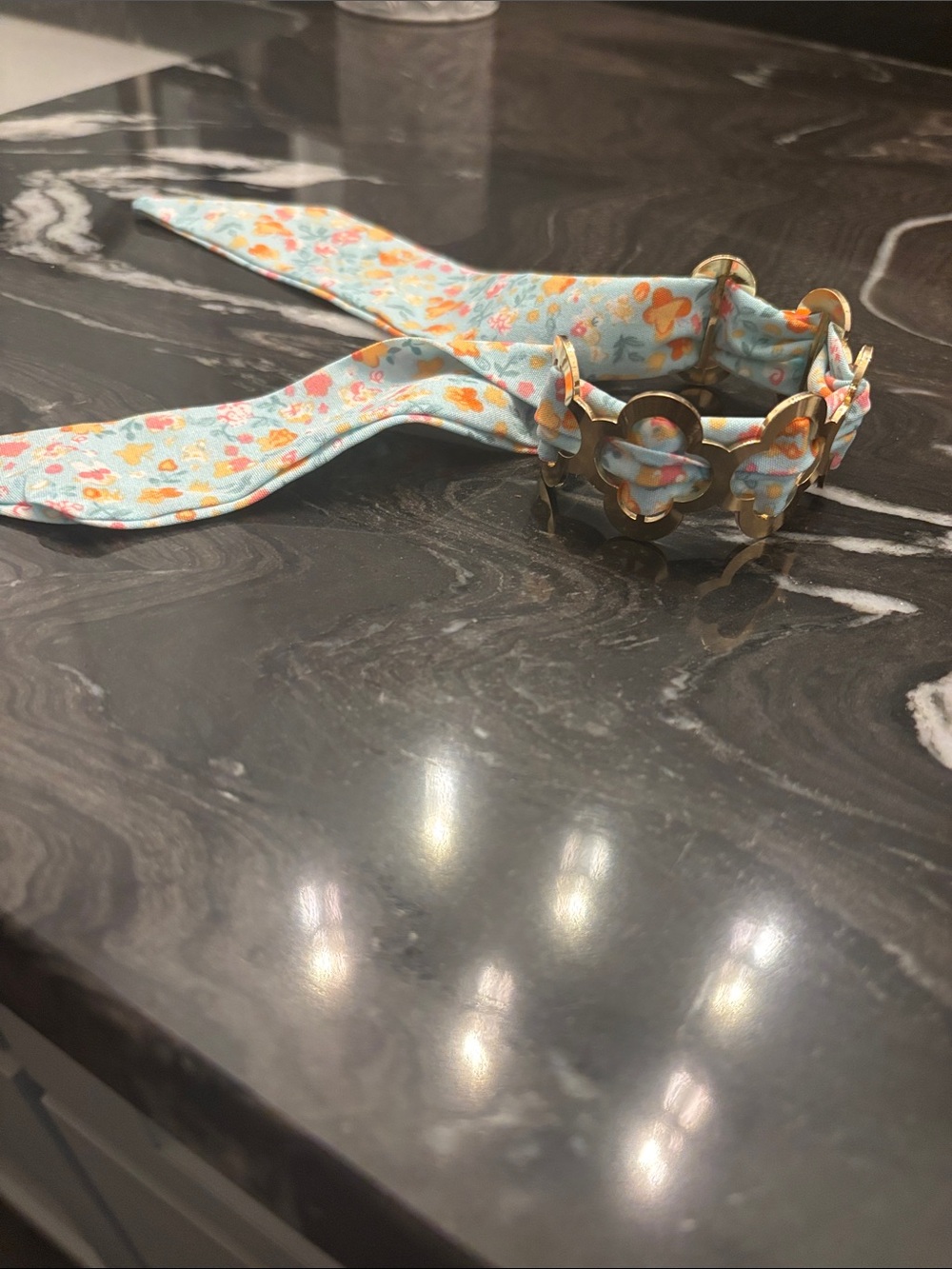 Boutique Floral Ribbon and Gold Cuff Bracelet